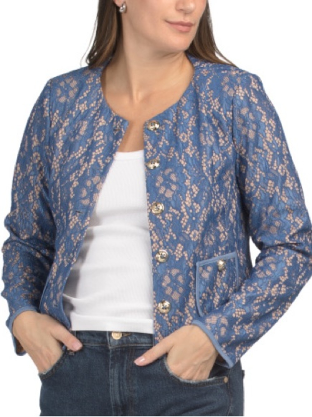 TAHARI ASL Blue Floral Lace Women's Long Sleeve Short Jacket Size 6 NWT